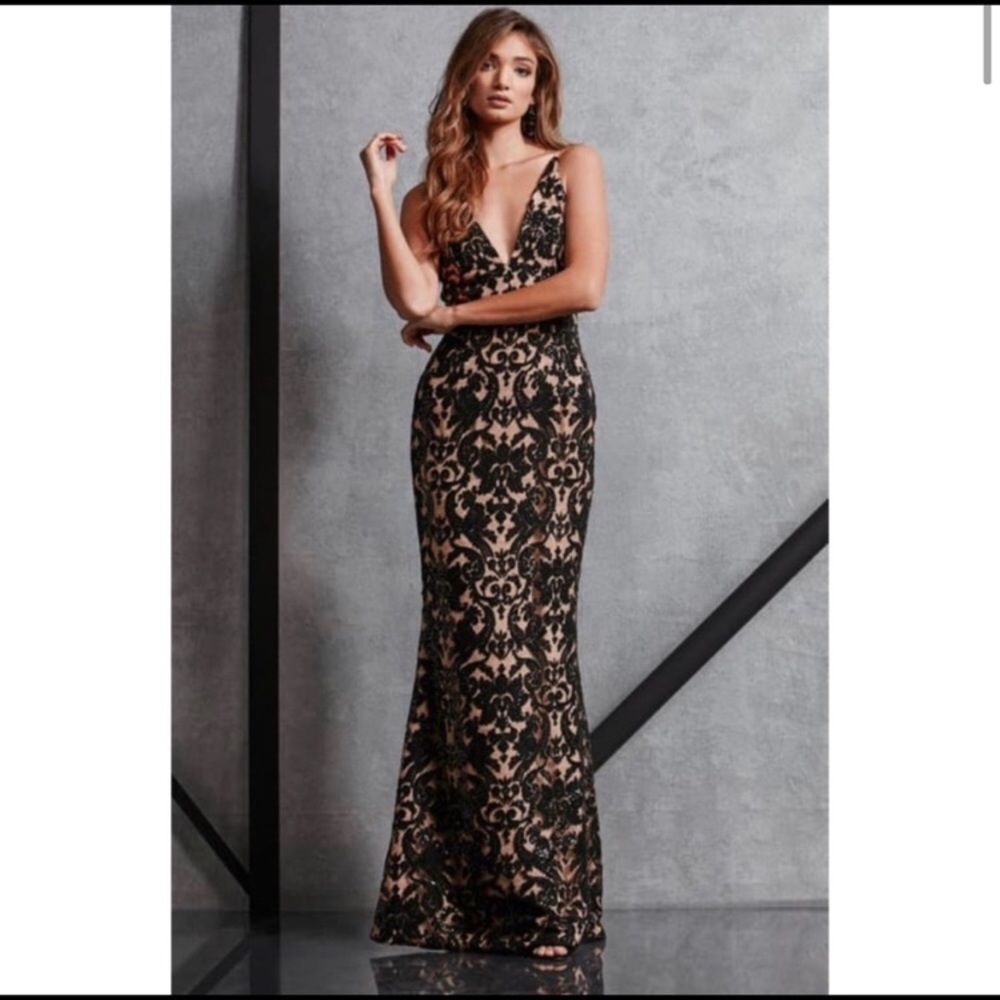 Dress the Population Black Lace Maxi Dress with Nude Underlay